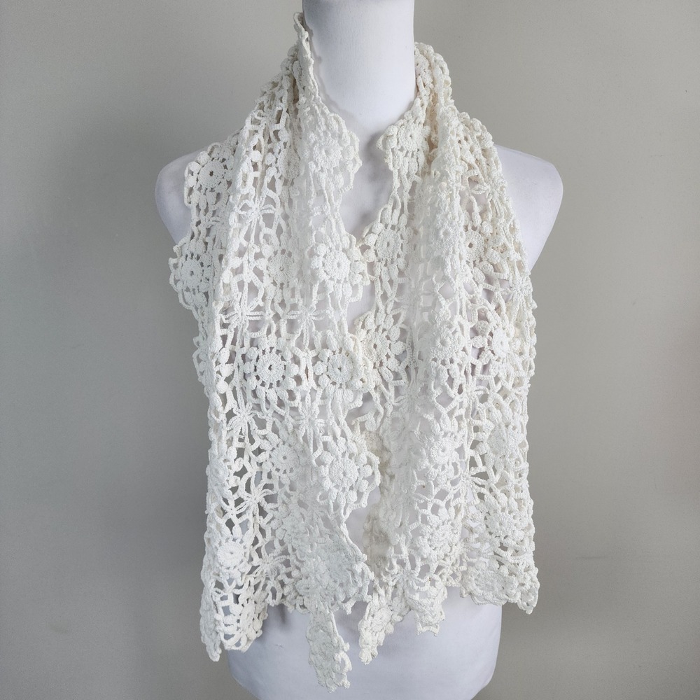 Crochet Lace Scarf Wrap White Floral Boho Festival Dainty Cottagecore Prairie